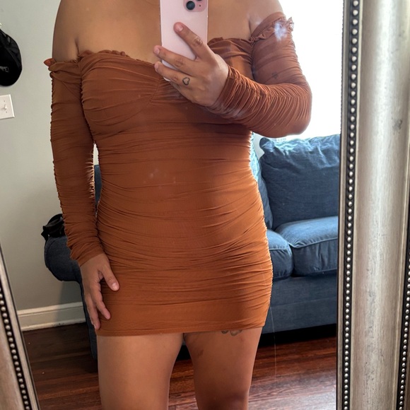 Privy Off-Shoulder Long Sleeve Dress in Brown - Picture 1 of 4